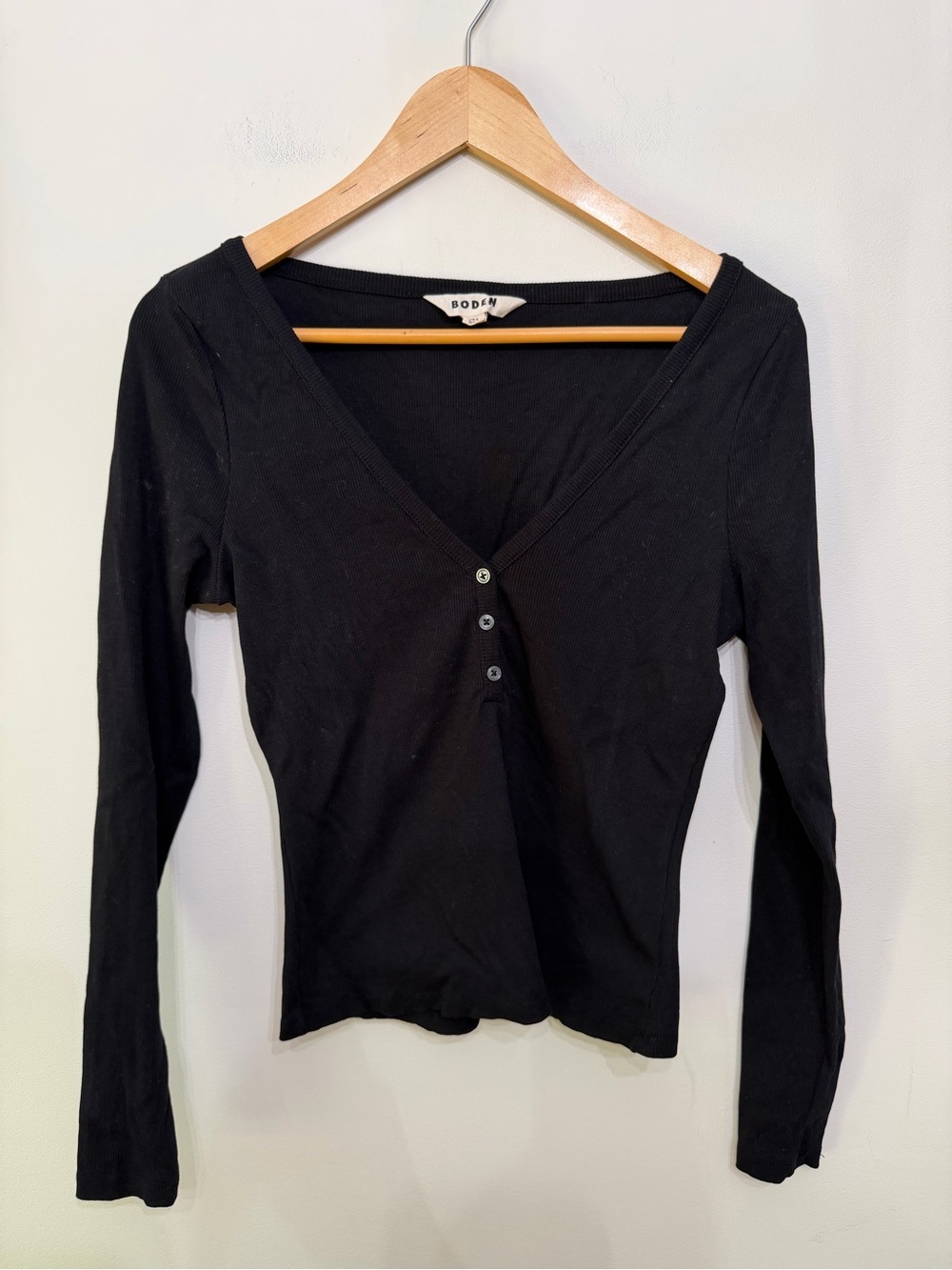 Boden Long Sleeve V-Neck Button Henley Short Top Cotton Blend Black Women’s 8